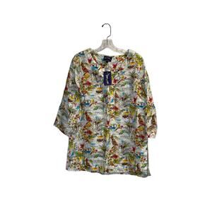 michael's women floral print beach tunic blouse Linen sz m v neck 3/4 sleeve